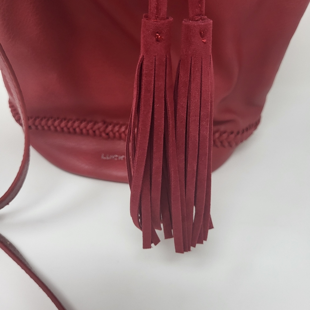 Lucky Brand Crossbody Bucket Bag Tassel Braided Red Faux Leather - Picture 3 of 11